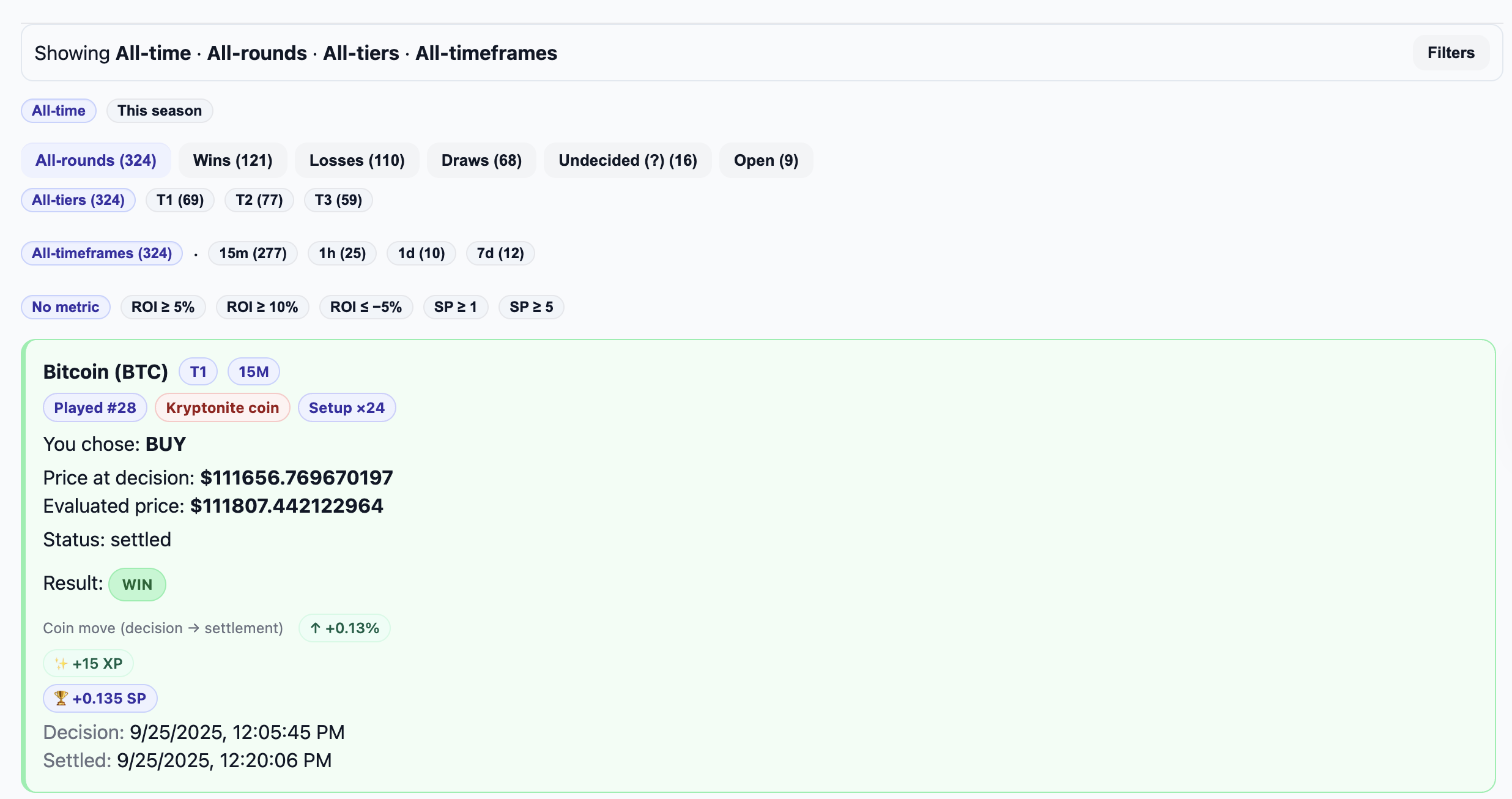History — past rounds with outcomes